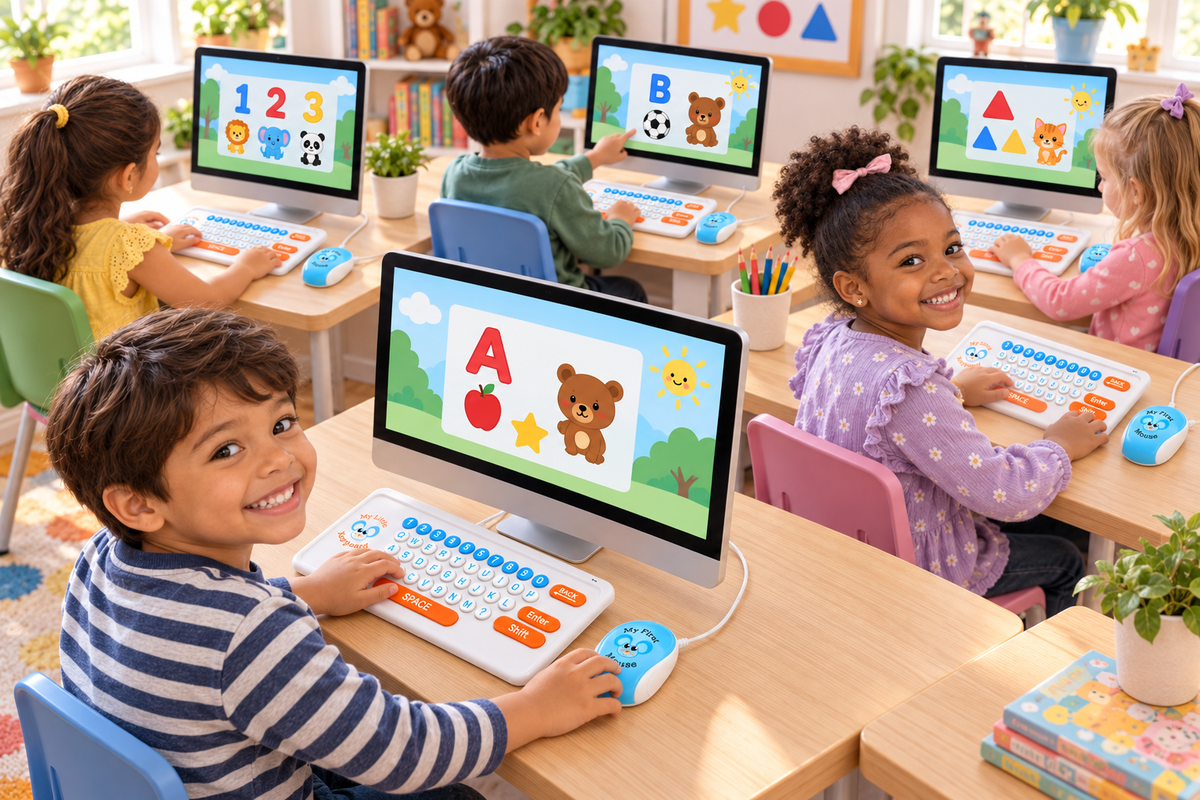 Pre-K classroom with young students using My Little Keyboard at computers