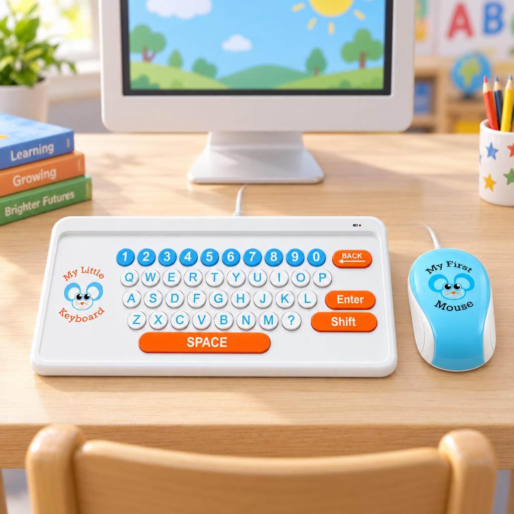 A children's learning keyboard and mouse set on a wooden desk, with a computer monitor, books, and a pencil cup in the background.