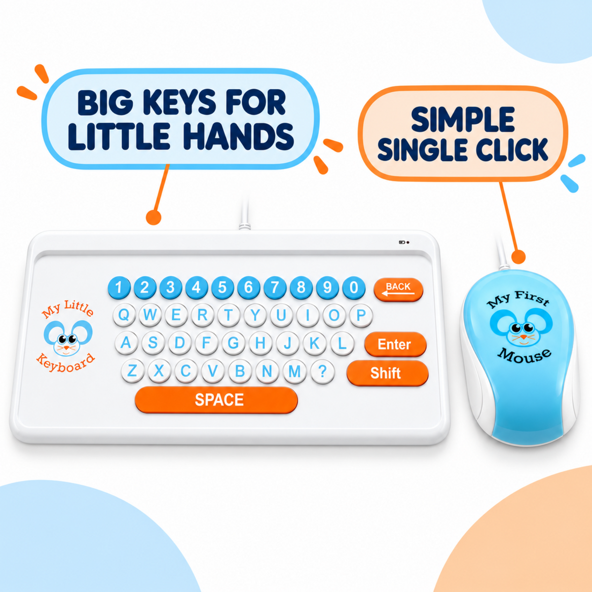 Personalized children's learning keyboard and mouse set with cartoon mouse graphics and text callouts on a white background with pastel decorative shapes.