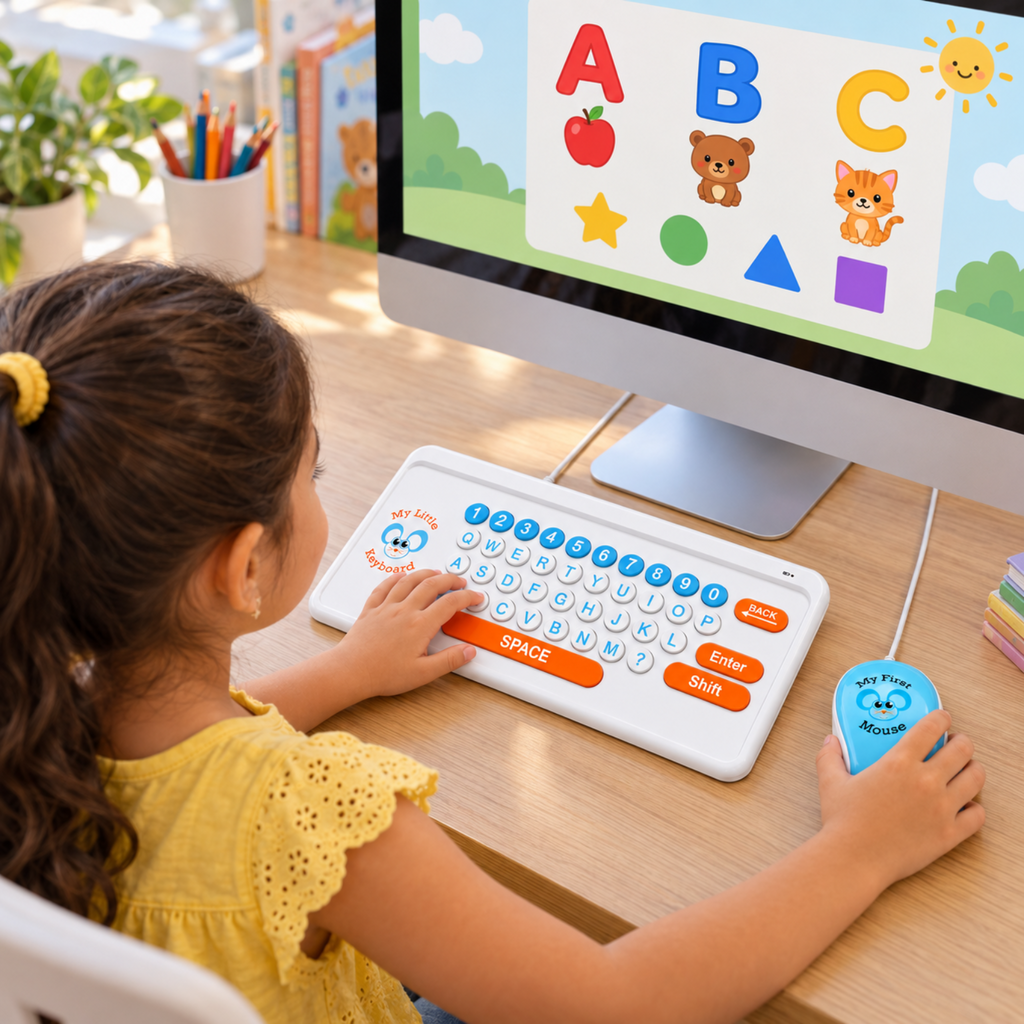 A young girl with her hair in a ponytail sits at a wooden desk, using a white children's learning computer keyboard, mouse, and monitor showing colorful alphabet and shape graphics.