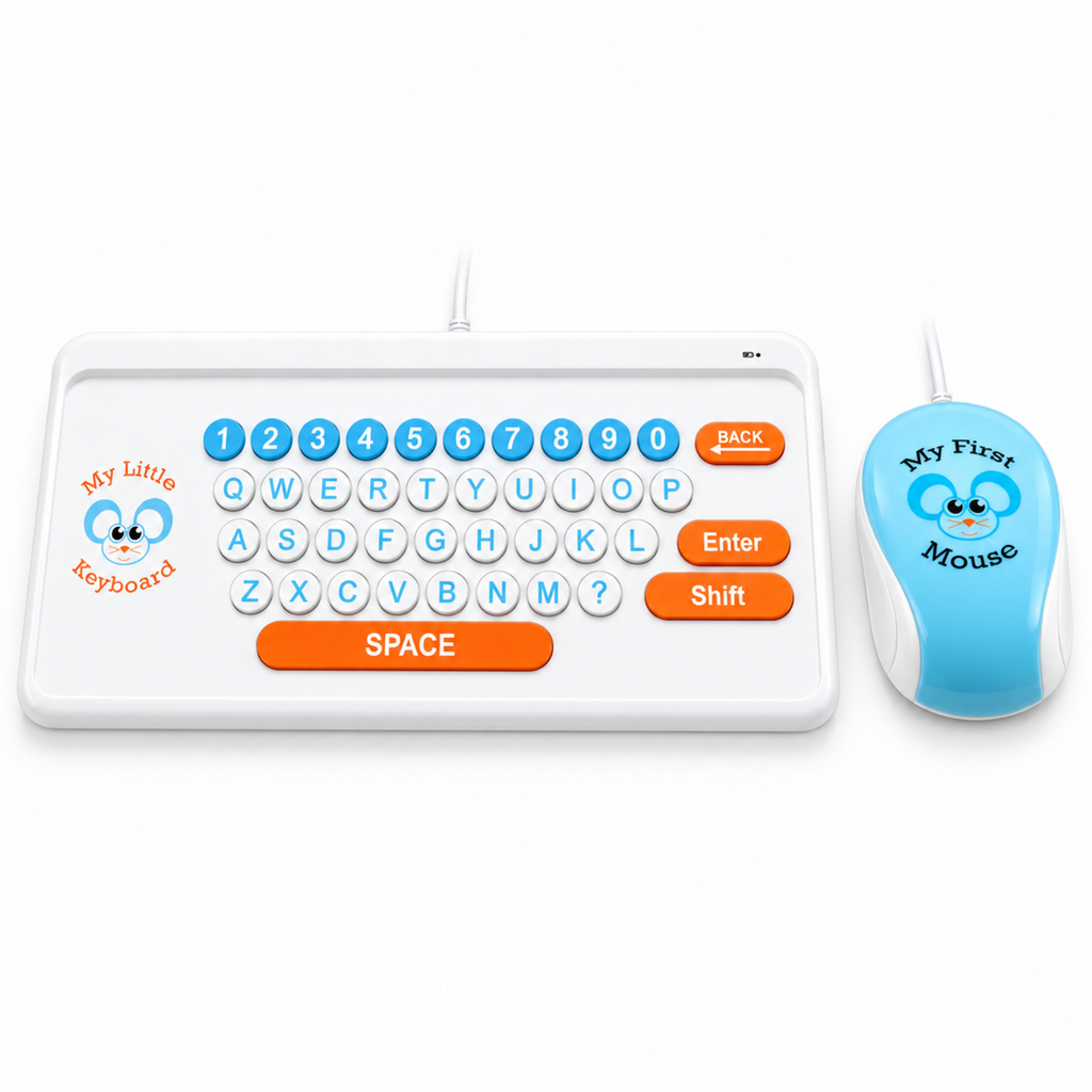 A children's educational toy keyboard and matching computer mouse set. The white keyboard features colorful blue number keys, orange action buttons, and cartoon graphics.