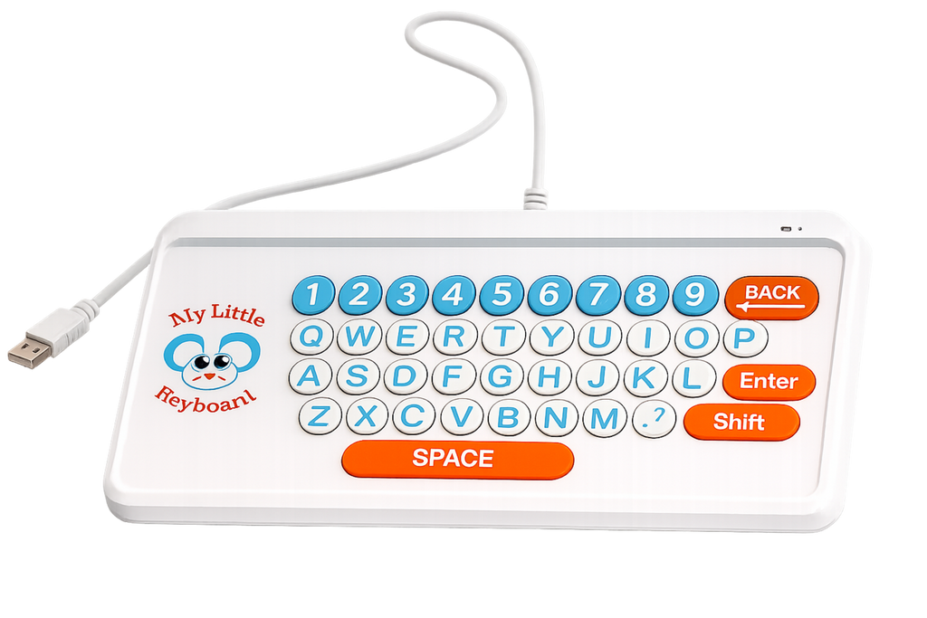 A white USB keyboard for kids featuring colorful blue and orange buttons, a cartoon mouse logo, and a white cable, shown on a solid white background.