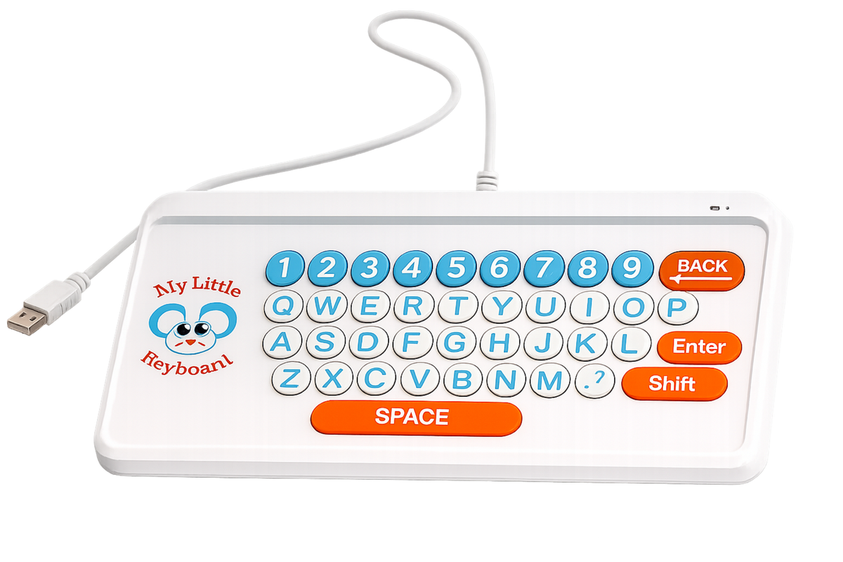 A white USB keyboard for kids featuring colorful blue and orange buttons, a cartoon mouse logo, and a white cable, shown on a solid white background.