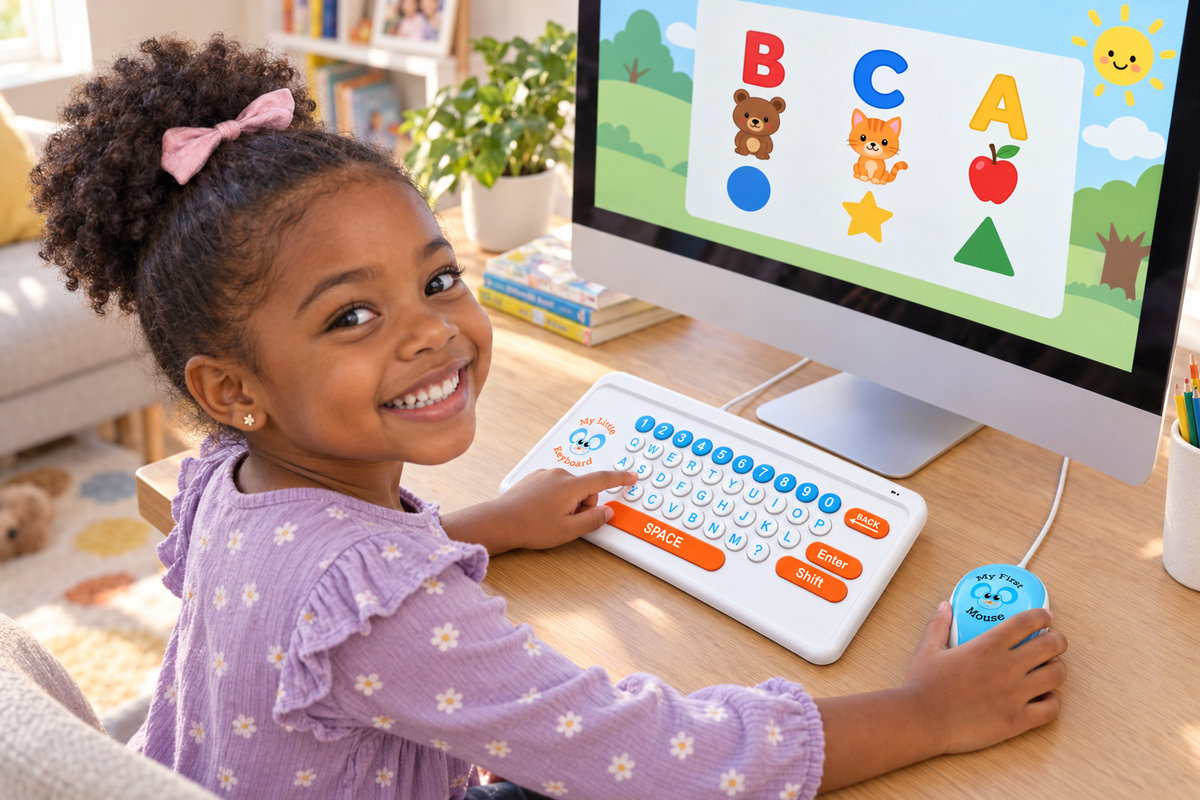 Child using My Little Keyboard and My First Mouse together at a computer