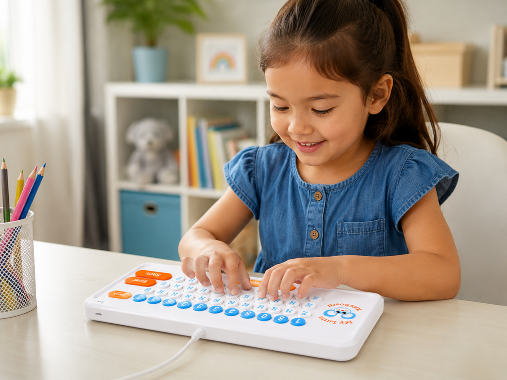 A young girl with dark hair in a ponytail smiles while using a white electronic learning toy keyboard with colorful buttons, sitting at a light-colored table in a bright, modern room.