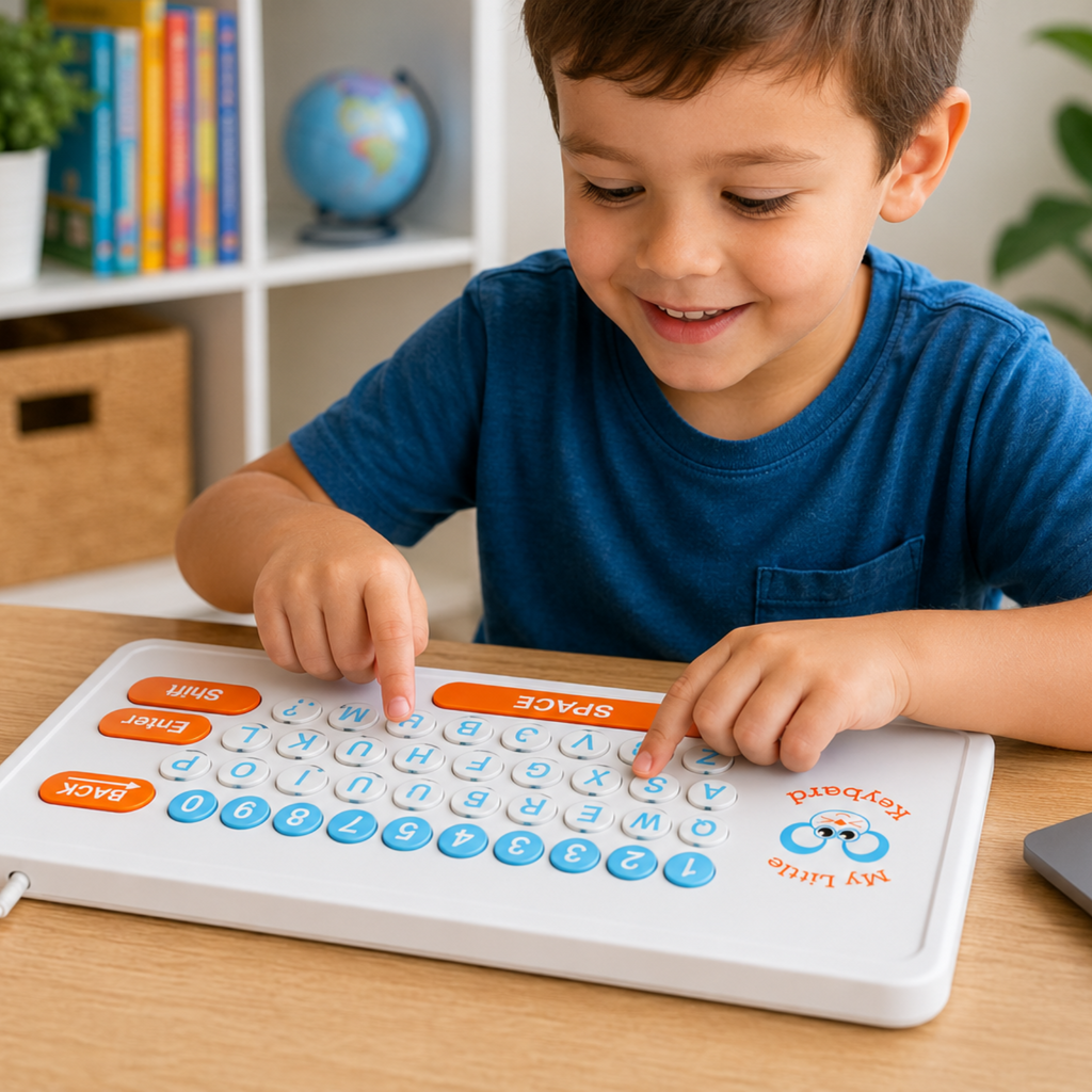 A young boy in a blue t-shirt smiles while interacting with a white and orange touch-screen educational toy keyboard on a wooden desk in a bright room.