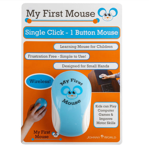 Johnny World My First Mouse single-click wireless computer mouse in light blue and white, shown on its retail backing card with child-friendly text and a small inset photo of a hand using it.