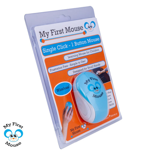 My First Mouse single click learning mouse in its original retail blister packaging, featuring a light blue and white mouse with a cartoon face.