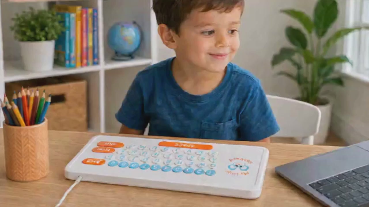 Young child typing on the My Little Keyboard, a large-key USB keyboard for kids ages 3–6, plugged into a laptop to practice letters, numbers, and typing.